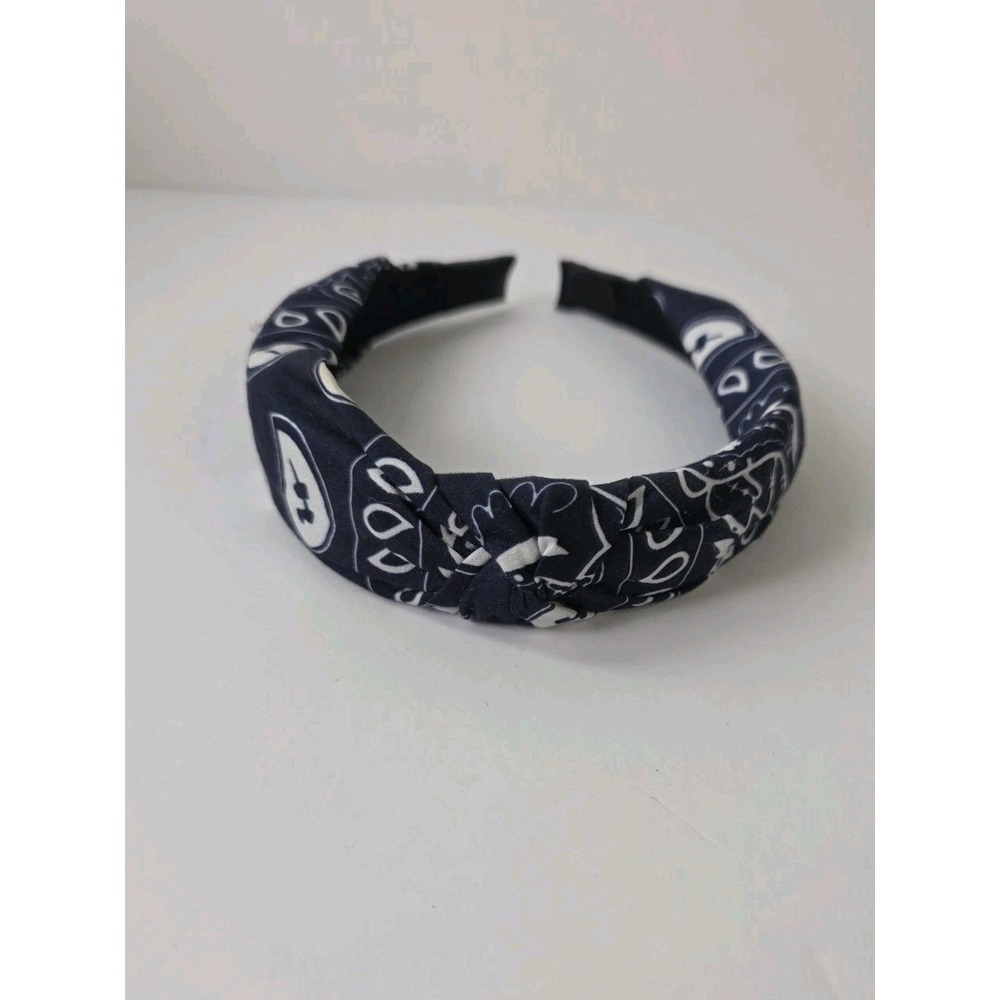 Navy Blue White turban knot headband bandana paisley jersey fabric‎ cover teeth